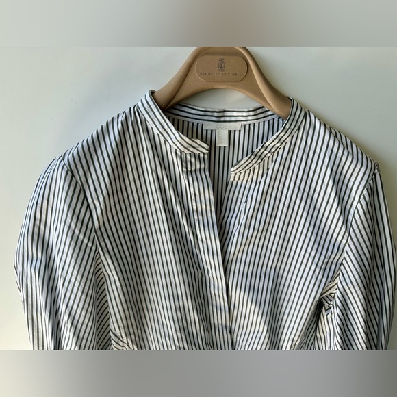 EUC COS Balloon Puffy Sleeve Striped Black & White Cotton Blouse, fitted, size 4 - Picture 2 of 10